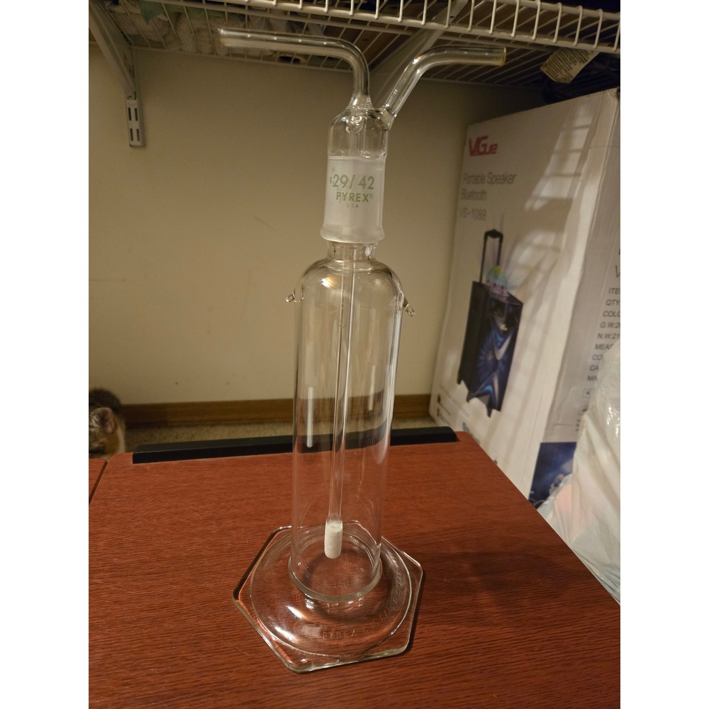 Pyrex USA 29/42 Gas Washing Bottle Scientific Glass Labware Hexagonal Base Clear